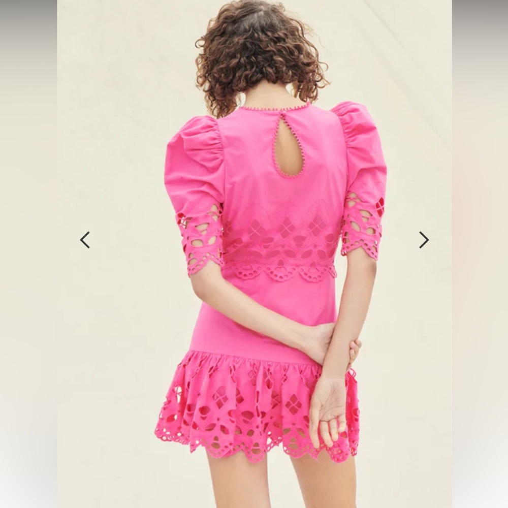 New Saylor Auroette Eyelet Puff‎ Sleeve Cotton Poplin Dress in Hot Pink Size XS - Picture 2 of 14